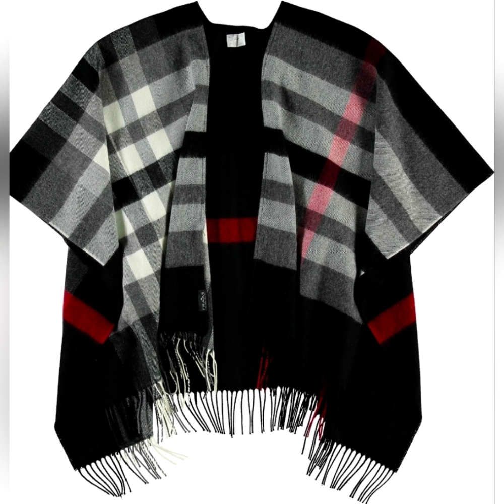 FRAAS Plaid Ruana Ponch Boho Cape With Twisted Fringes NWT